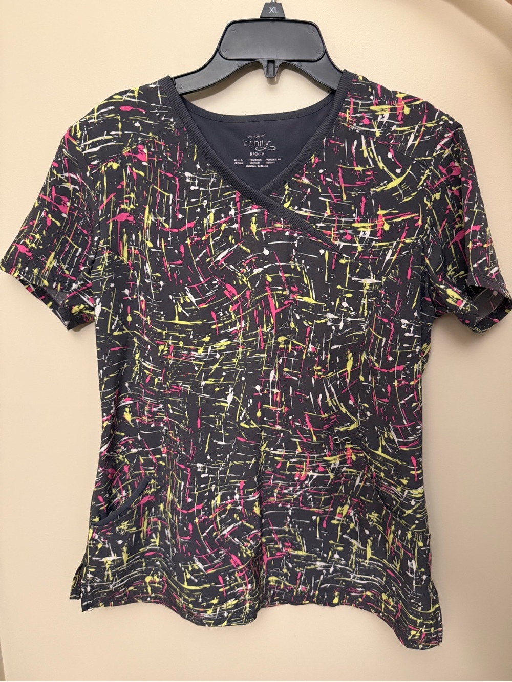V-Neck Scrub Top with Neon Pink & Yellow Splatter